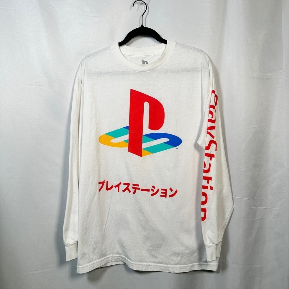 PlayStation Long Sleeve Shirt White Japanese Logo Retro Gamer Streetwear Men's L - Picture 2 of 9